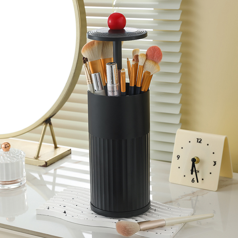 V888-ELOSUNG27335-202505061353-00 Black Automatic Lifting Makeup Brush Holder - Dustproof Desktop Organizer with Lid & Compartments - Image 1