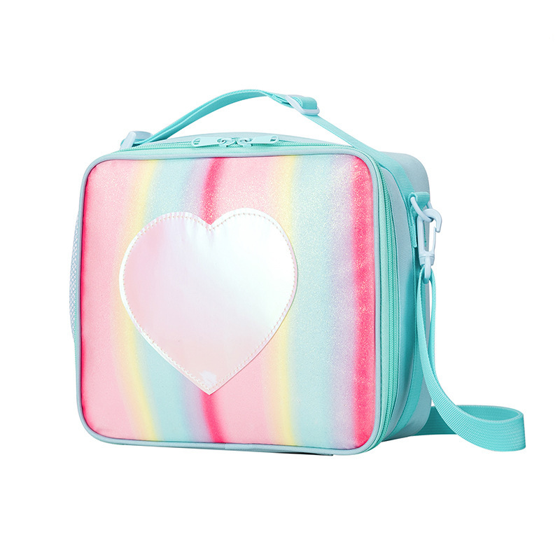 V888-ELOSUNG27336-202505061405-00 Blue Sparkling Rainbow Heart Insulated Lunch Bag for Kids - Portable School Lunch Box with Shoulder Strap - Image 1