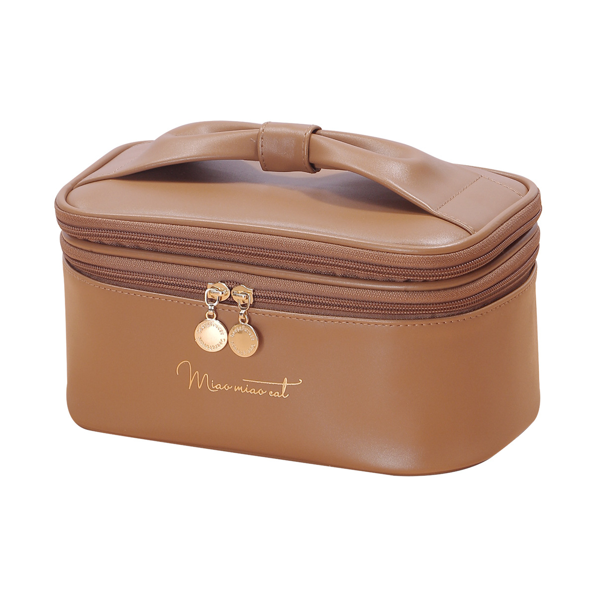 V888-ELOSUNG27340-202505061408-00 Brown Stylish PU Leather Makeup Bag - Large Capacity Double Layer Waterproof Travel Cosmetic Organizer Case for Women - Image 1