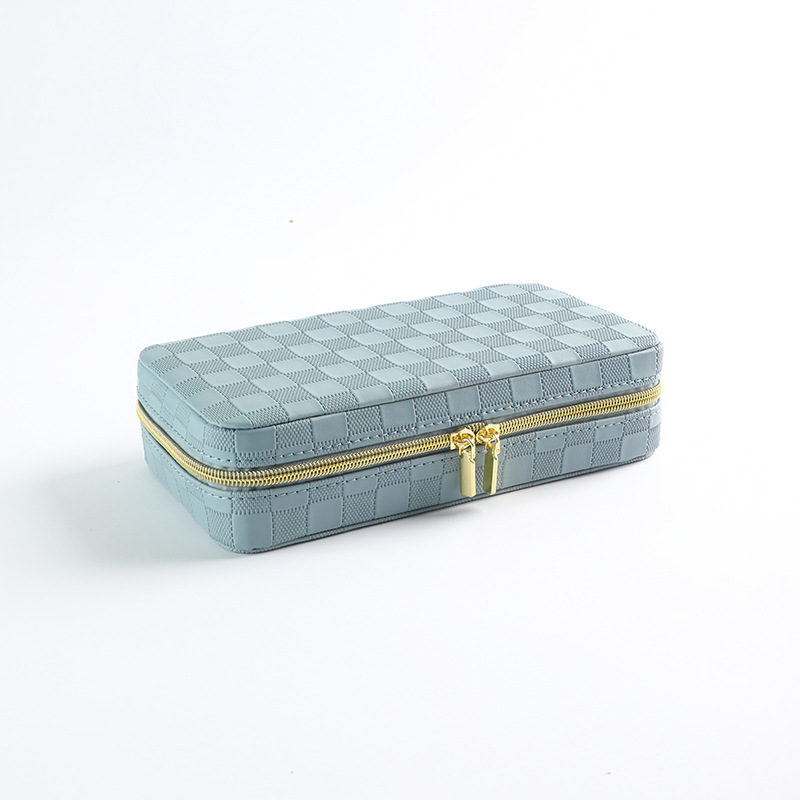 V888-ELOSUNG27391-202505081731-00 Blue Stylish PU Leather Travel Jewellery Box - Compact Organizer for Rings, Earrings, Necklaces with Mirror - Image 1
