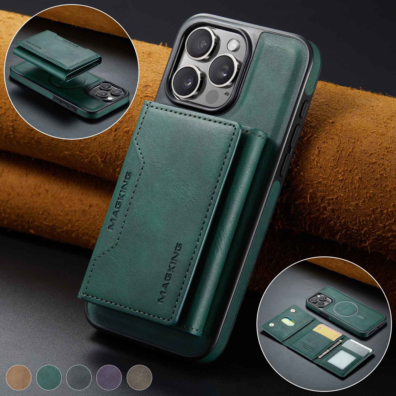 V888-ELOSUNG27397-202505081735-00 Green Premium MagSafe Wallet Case for iPhone 16 Pro - Detachable PU Leather Magnetic Card Holder - Image 1