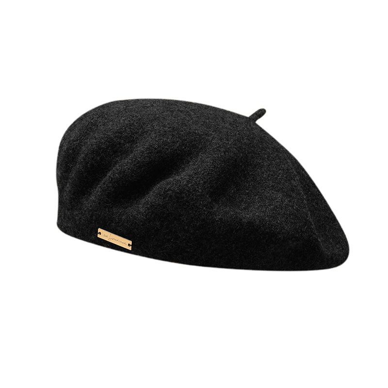 V888-ELOSUNG27469-202505131712-00 Black Elegant Wool Beret - Classic Warm Thick British Style Hat for Autumn & Winter - Image 1