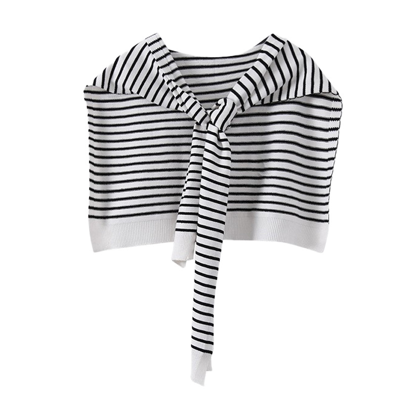 V888-ELOSUNG27480-202505131728-00 White Chic Striped Knit Tie-Front Shawl - Lightweight Versatile Layering Capelet for Women - Image 1