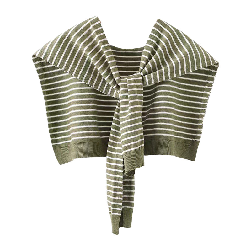 V888-ELOSUNG27482-202505131741-00 Green Chic Striped Knit Tie-Front Shawl - Lightweight Versatile Layering Capelet for Women - Image 1