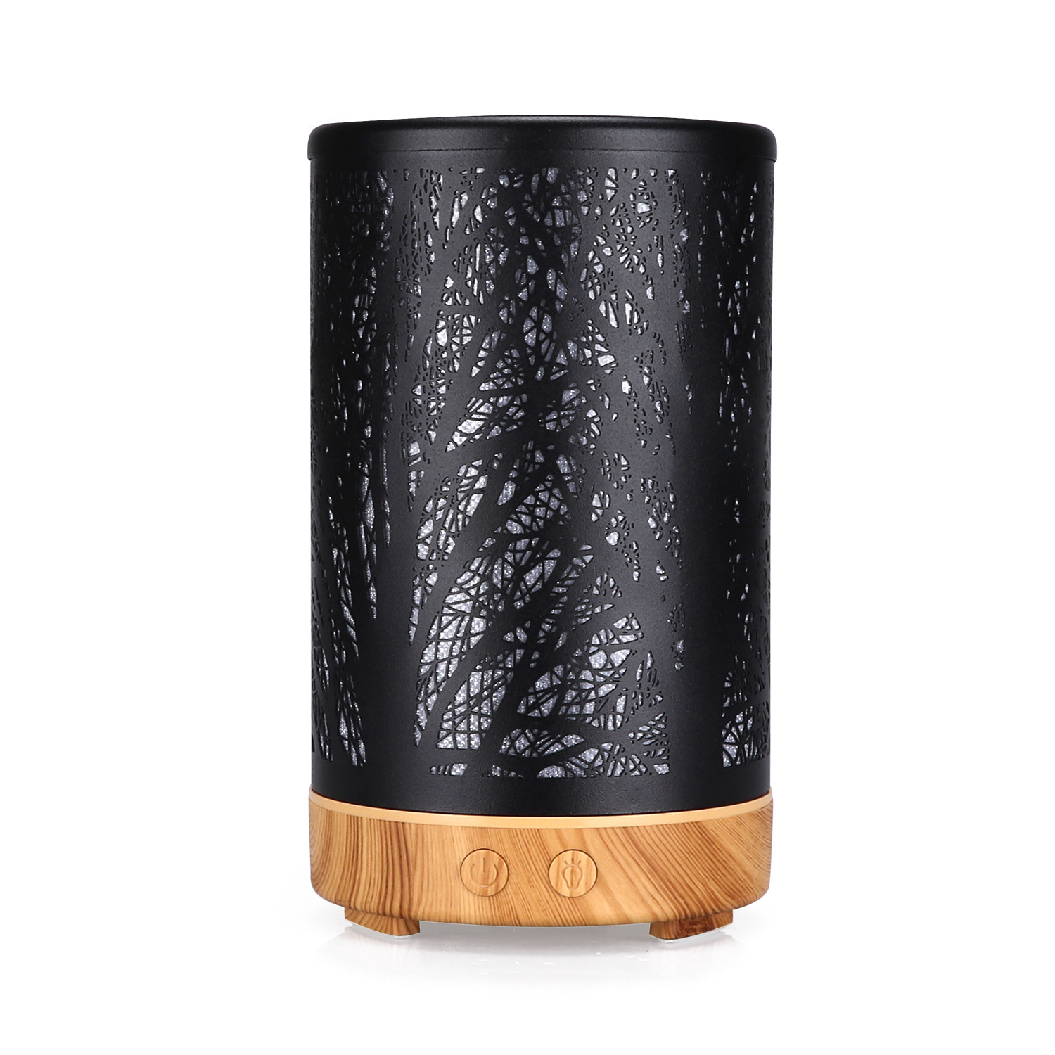 V888-ELOSUNG27507-202505131852-00 Khaki and Black Forest Design Iron Essential Oil Diffuser - 7 Color LED Ultrasonic Cool Mist Humidifier 100ml - Image 1