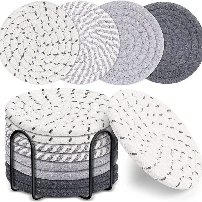 V888-ELOSUNG27624-202505151637-00 Grey Absorbent Woven Cotton Coasters - Set of 8 with Metal Holder - Heat Resistant Drink Mats for Table Protection - Image 1