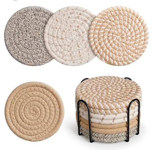 V888-ELOSUNG27629-202505151642-00 Khaki Absorbent Woven Cotton Coasters - Set of 8 with Metal Holder - Heat Resistant Drink Mats for Table Protection - Image 1