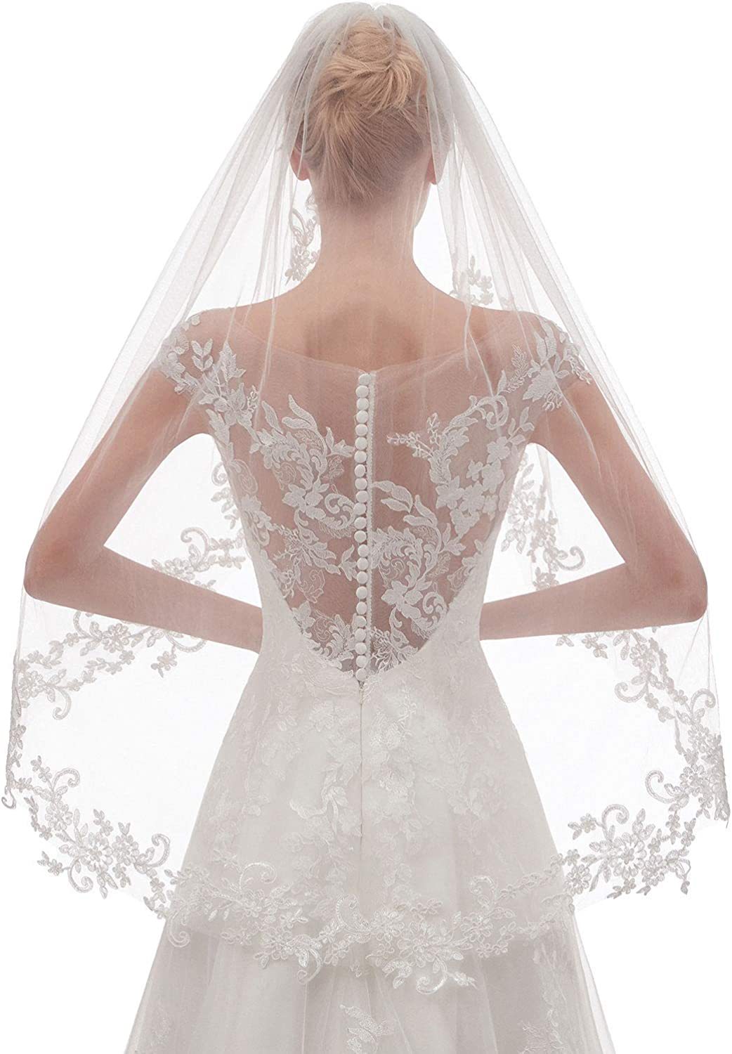 V888-ELOSUNG27787-202505191241-00 White Elegant Short Bridal Veil - Single Tier with Delicate Lace Applique Edge - Wedding Hair Accessory - Image 1