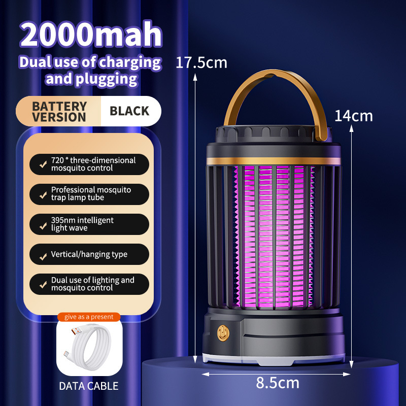 V888-ELOSUNG27809-202505191306-00 USB Rechargeable Black Portable 3-in-1 Electric Mosquito Zapper Lamp - UV Bug Killer, Warm Night Light & Bright Lantern - Image 1