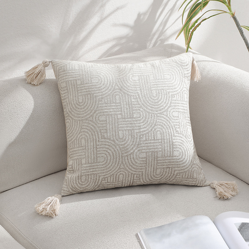 V888-ELOSUNG27818-202505191320-00 Beige Chic Geometric Jacquard Cushion Covers with Tassels - Set of 2, Plush Blend for Sofa & Bed Decor (45x45cm, Insert Not Included) - Image 1