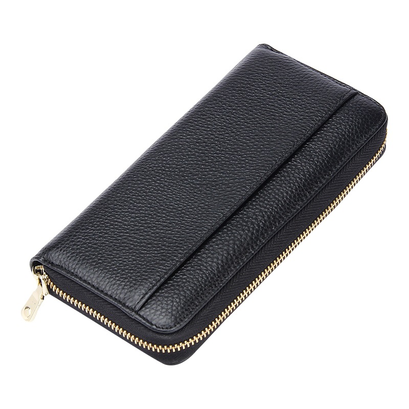 V888-ELOSUNG27837-202505191336-00 Black Premium Genuine Leather RFID Blocking Long Wallet - Unisex Multi-Card Organizer Clutch with Zip-Around Closure - Image 1