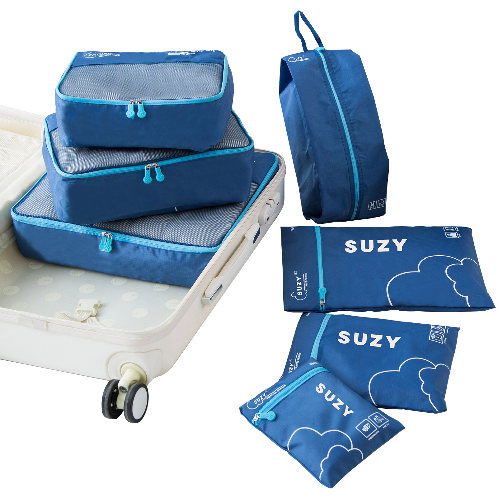 V888-ELOSUNG27852-202505231325-00 Dark Blue 7-Piece Travel Packing Cubes & Organizer Set - Lightweight Luggage Storage Bags for Clothes, Shoes & Toiletries - Image 1