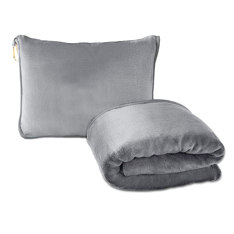 V888-ELOSUNG27873-202505231342-00 Grey 2-in-1 Plush Travel Blanket & Pillow Set - Soft Flannel with Luggage Strap & Carabiner (50x60in) - Image 1