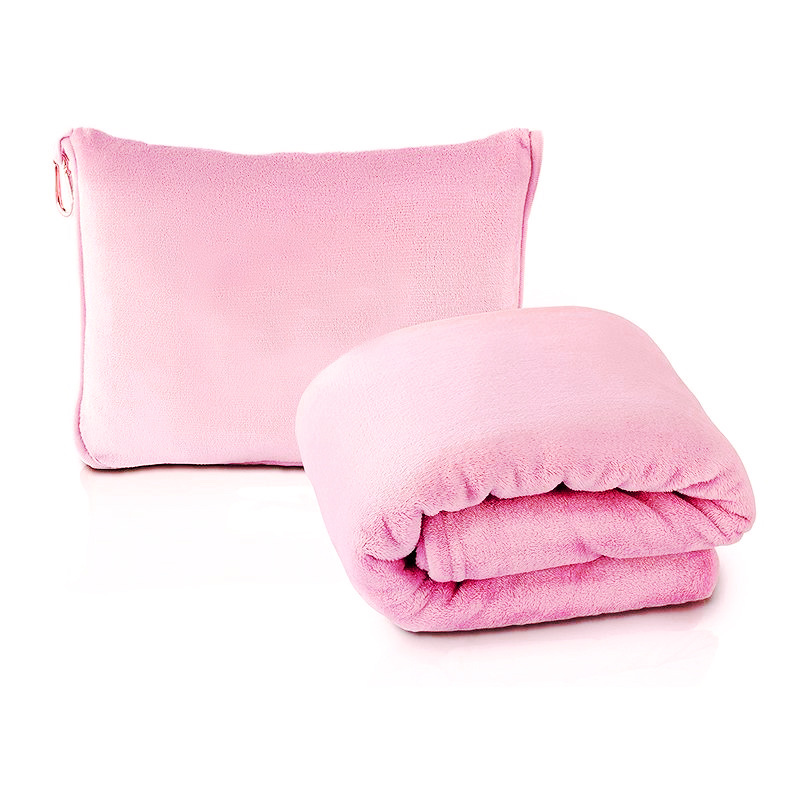 V888-ELOSUNG27874-202505231343-00 Pink 2-in-1 Plush Travel Blanket & Pillow Set - Soft Flannel with Luggage Strap & Carabiner (50x60in) - Image 1