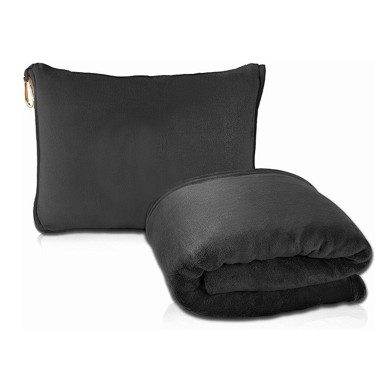 V888-ELOSUNG27876-202505231345-00 Black 2-in-1 Plush Travel Blanket & Pillow Set - Soft Flannel with Luggage Strap & Carabiner (50x60in) - Image 1