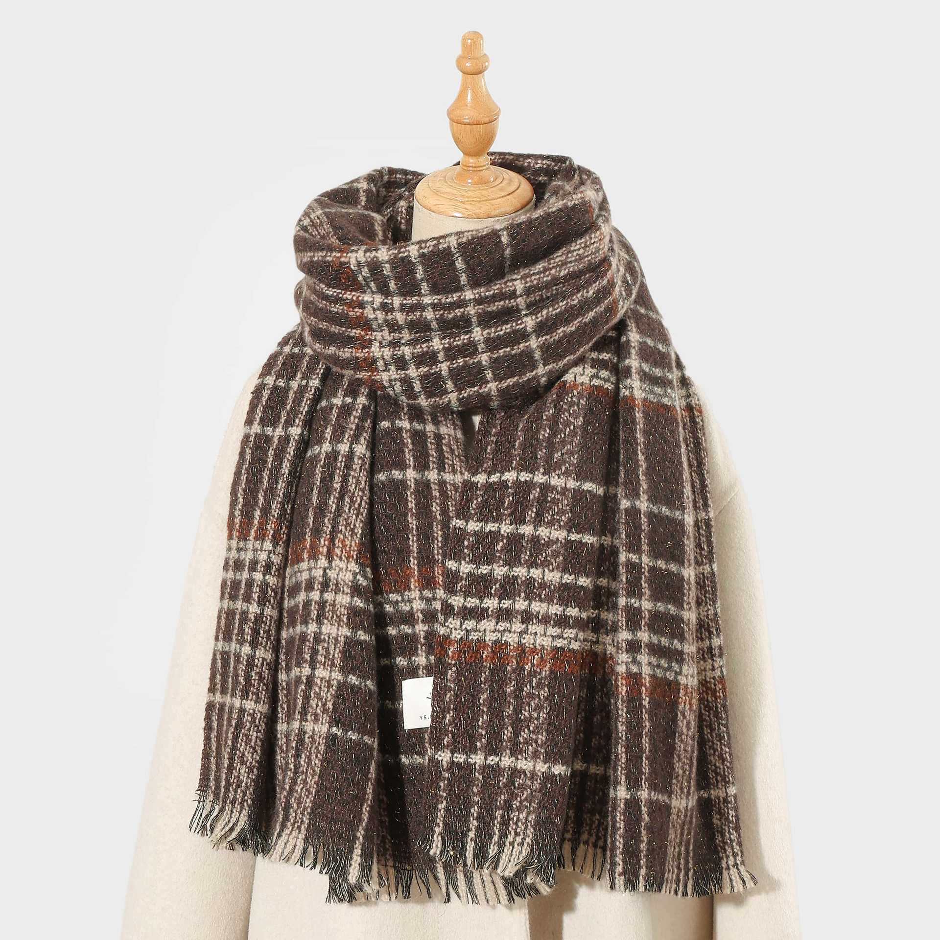 V888-ELOSUNG27890-202505231212-00 Coffee Chic Plaid Winter Scarf - Large Soft Polyester Shawl Wrap with Tassels, Korean Inspired Fashion - Image 1