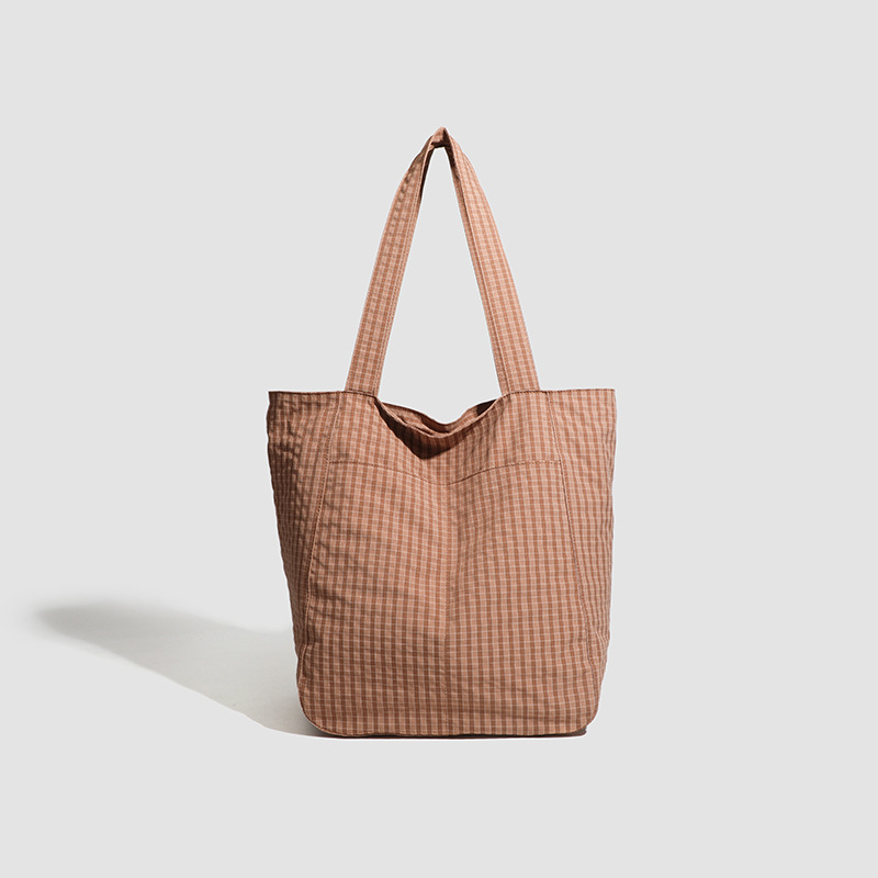 V888-ELOSUNG27910-202505231212-00 Brown Stylish Lightweight Seersucker Gingham Tote Bag - Spacious Multi-Pocket Shoulder Bag with Zipper - Image 1