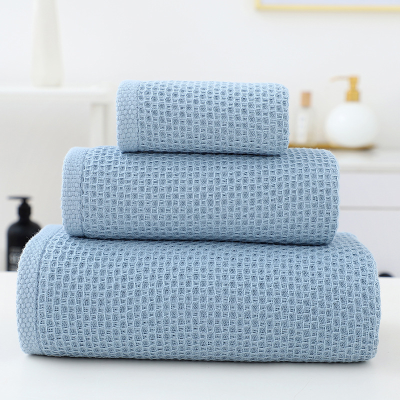 V888-ELOSUNG27944-202505231312-00 Blue Premium 3-Piece Waffle Weave Cotton Towel Set - Lightweight, Quick-Dry & Absorbent - Bath, Hand, Face Cloth - Image 1