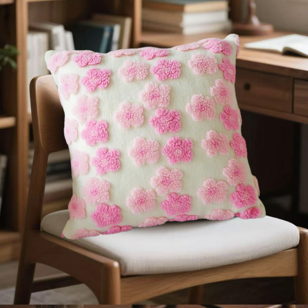 V888-ELOSUNG27973-202505231315-00 Pink Charming 3D Floral Plush Cushion Covers - Set of 4, 45x45cm Soft Faux Lambswool Pillowcases for Sofa & Bed Decor - Image 1