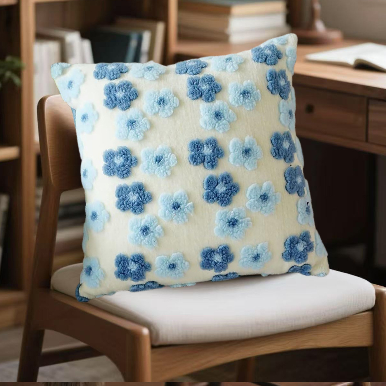 V888-ELOSUNG27974-202505231315-00 Blue Charming 3D Floral Plush Cushion Covers - Set of 4, 45x45cm Soft Faux Lambswool Pillowcases for Sofa & Bed Decor - Image 1