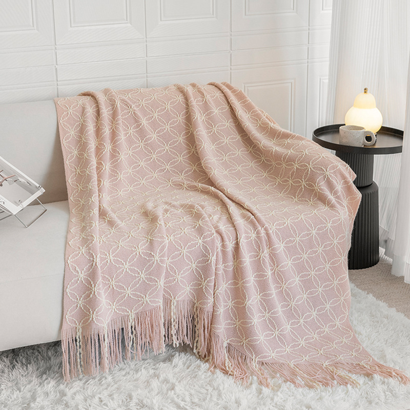 V888-ELOSUNG27990-202505231223-00 Pink Cozy Geometric Knitted Throw Blanket with Tassels - Soft Acrylic Decorative Sofa & Bed Cover, 130x180cm - Image 1