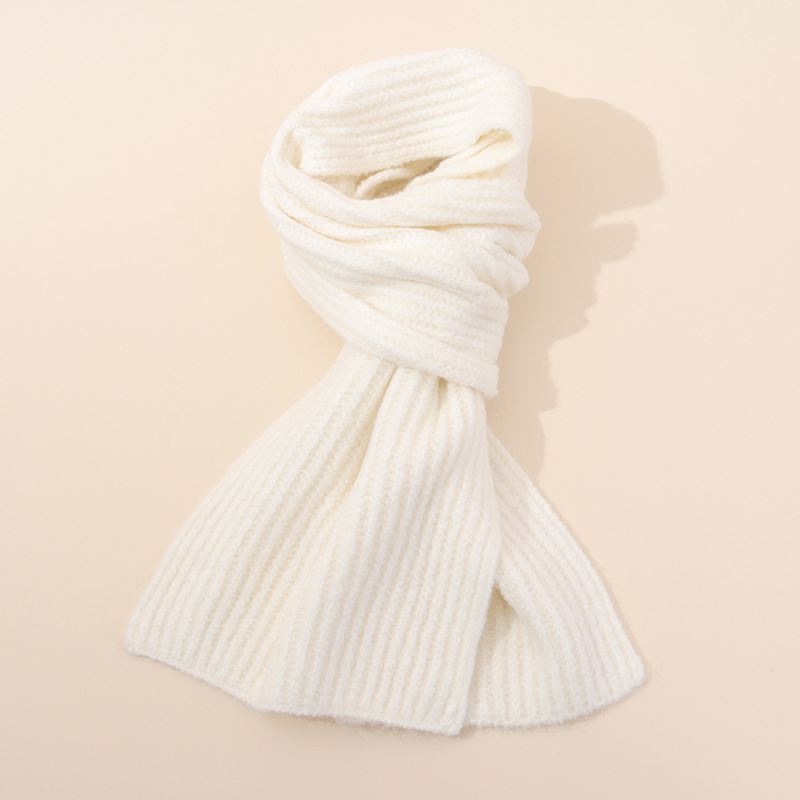 V888-ELOSUNG28053-202504281237-00 White Soft Ribbed Knit Winter Scarf - Cozy Warm Wool Blend Neck Wrap (160x25cm) - Image 1