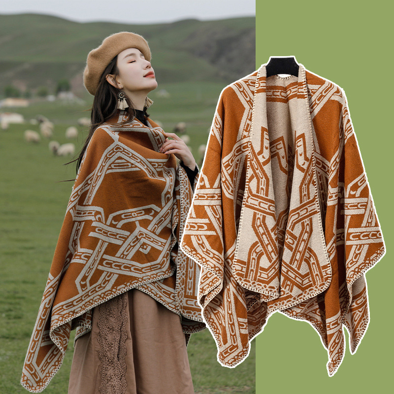 V888-ELOSUNG28058-202504281243-00 Brown Bohemian Ethnic Print Blanket Poncho - Warm Windproof Oversized Shawl Wrap (130x150cm) - Image 1