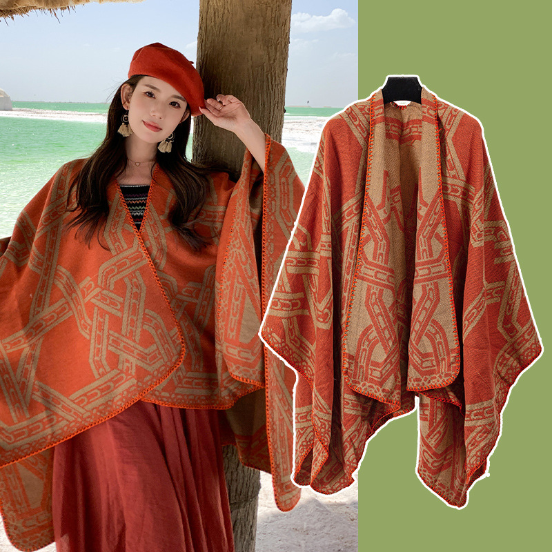 V888-ELOSUNG28059-202504281243-00 Orange Bohemian Ethnic Print Blanket Poncho - Warm Windproof Oversized Shawl Wrap (130x150cm) - Image 1