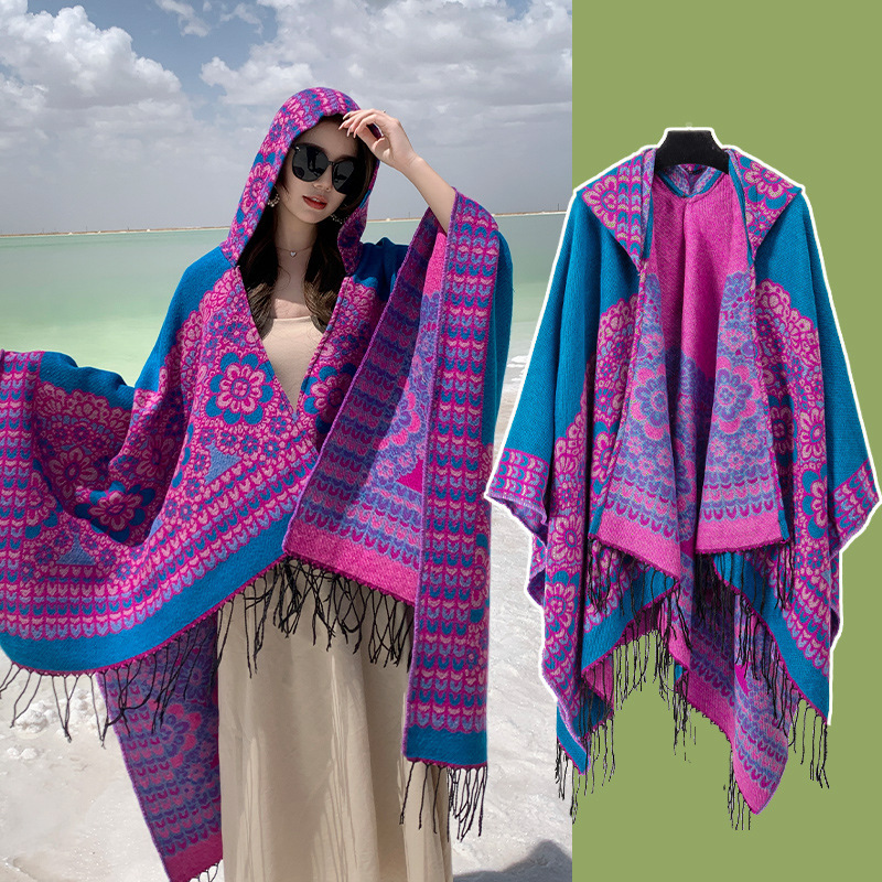 V888-ELOSUNG28061-202504281247-00 Purple Soft Faux Cashmere Poncho Cape - Oversized Winter Shawl Wrap (130x150cm) - Image 1