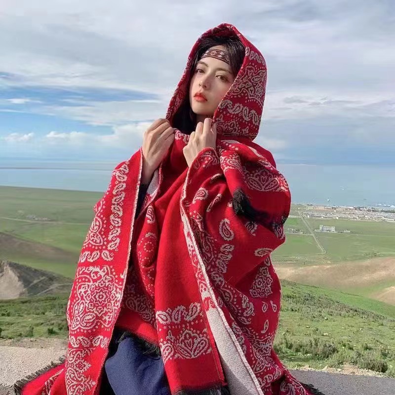 V888-ELOSUNG28064-202504281249-00 Cashew Red Soft Faux Cashmere Poncho Cape - Oversized Winter Shawl Wrap (130x150cm) - Image 1