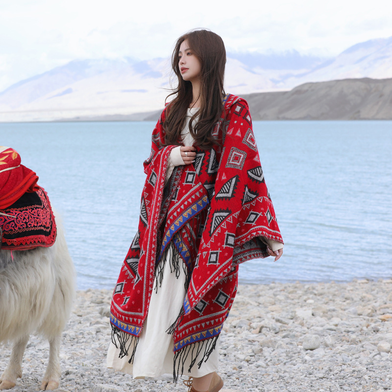 V888-ELOSUNG28065-202504281251-00 Rhombus Red Soft Faux Cashmere Poncho Cape - Oversized Winter Shawl Wrap (130x150cm) - Image 1