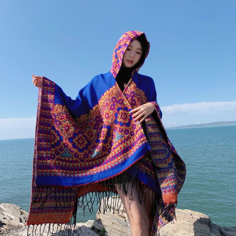 V888-ELOSUNG28067-202504281252-00 Hundred Flowers in Blue Soft Faux Cashmere Poncho Cape - Oversized Winter Shawl Wrap (130x150cm) - Image 1