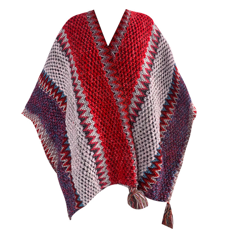 V888-ELOSUNG28075-202504281316-00 Red Cozy Knitted Poncho Cape - Thick Mohair Blend Winter Shawl Wrap (106x135cm) - Image 1