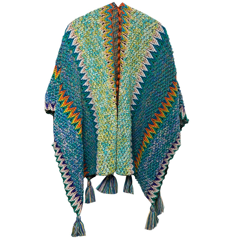 V888-ELOSUNG28076-202504281316-00 Blue Cozy Knitted Poncho Cape - Thick Mohair Blend Winter Shawl Wrap (106x135cm) - Image 1