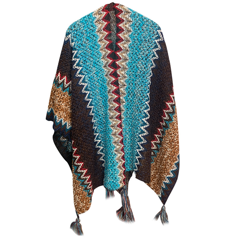 V888-ELOSUNG28077-202504281317-00 Peacock Blue Cozy Knitted Poncho Cape - Thick Mohair Blend Winter Shawl Wrap (106x135cm) - Image 1