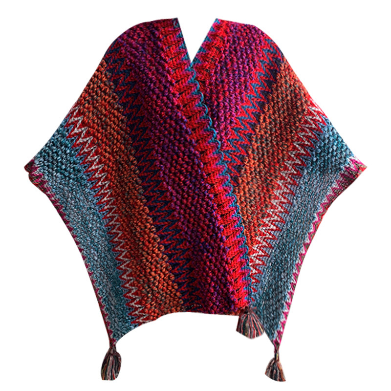V888-ELOSUNG28078-202504281317-00 Rose Red Cozy Knitted Poncho Cape - Thick Mohair Blend Winter Shawl Wrap (106x135cm) - Image 1