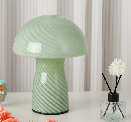 V888-ELOSUNG28092-202504281342-00 Stripe-Pure Green Retro Swirl Glass Mushroom Table Lamp - LED Bedside Night Light - Image 1
