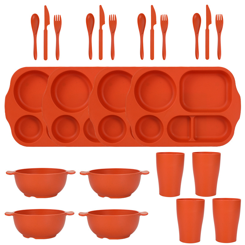 V888-ELOSUNG28121-202504281442-00 Orange Durable Eco-Friendly Wheat Straw Dinnerware Set - 24 Pieces with Plates, Bowls, Cups & Cutlery - Image 1