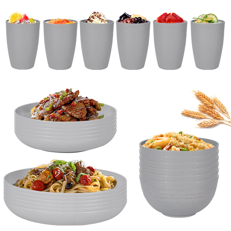 V888-ELOSUNG28125-202504281446-00 Stylish Light Grey Wheat Straw Dinnerware Set - 24 Pieces Including Plates, Bowls & Cups - Image 1