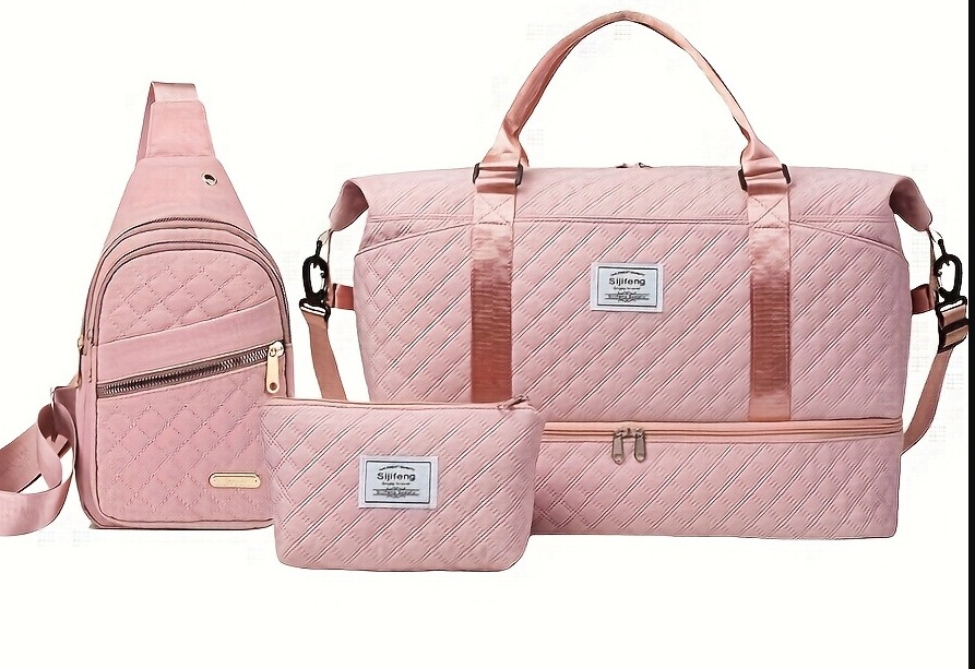 V888-ELOSUNG28134-202504281321-00 Pink Stylish 3-Piece Quilted Travel Bag Set - Weekender Duffel with Shoe Compartment, Sling Bag & Cosmetic Pouch - Image 1