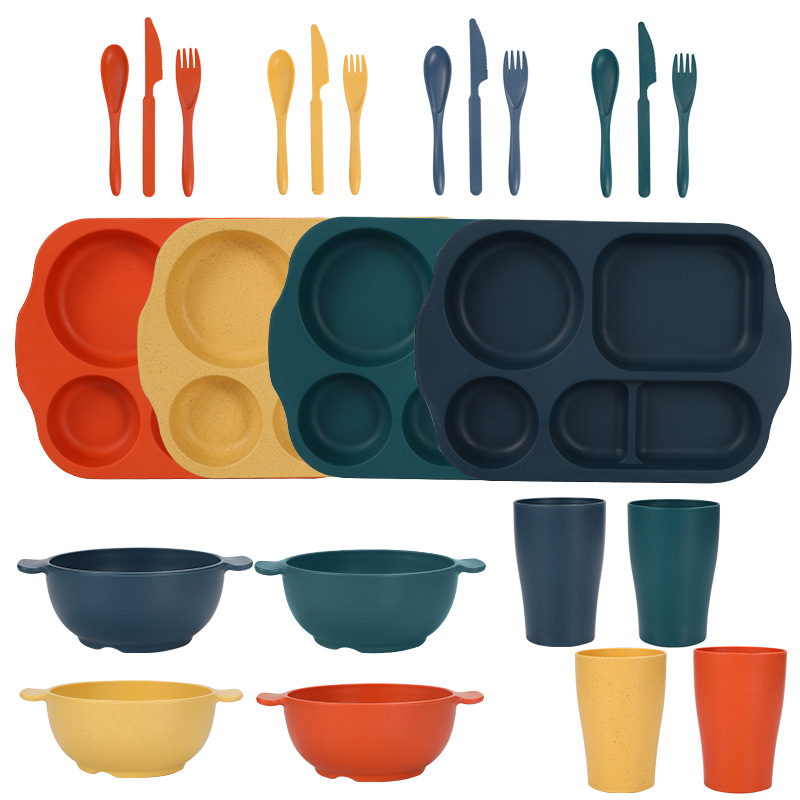 V888-ELOSUNG28143-202504281610-00 Macaron 4 Colours Durable Eco-Friendly Wheat Straw Dinnerware Set - 24 Pieces with Plates, Bowls, Cups & Cutlery - Image 1