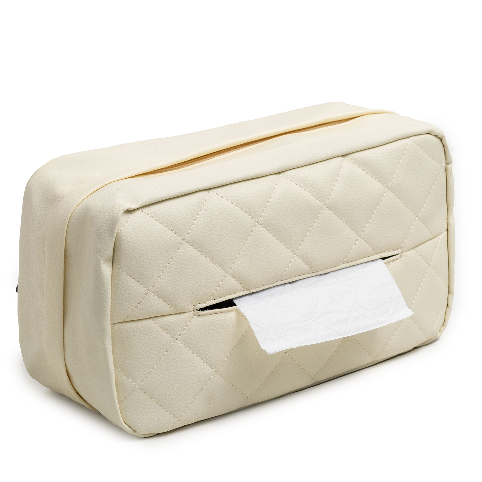 V888-ELOSUNG28157-202504281522-00 White Universal Leather Car Tissue Box Holder - Visor, Armrest & Seat Back Mount - Image 1