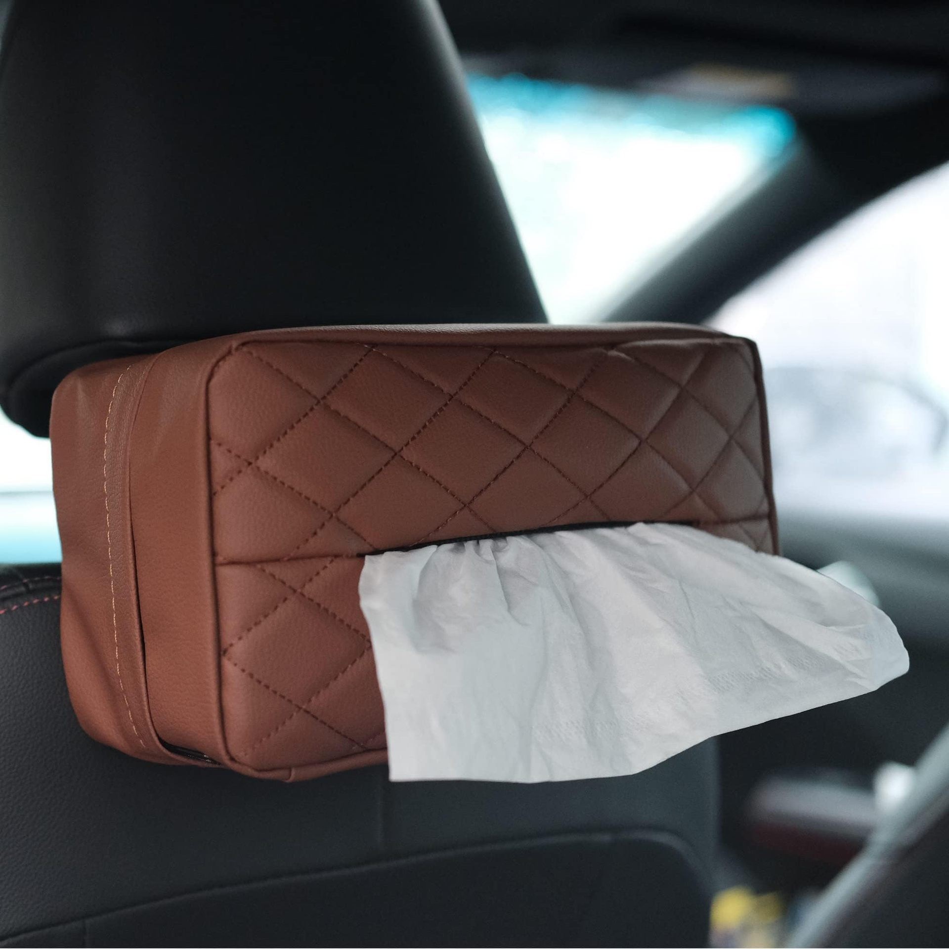 V888-ELOSUNG28158-202504281522-00 Brown Universal Leather Car Tissue Box Holder - Visor, Armrest & Seat Back Mount - Image 1