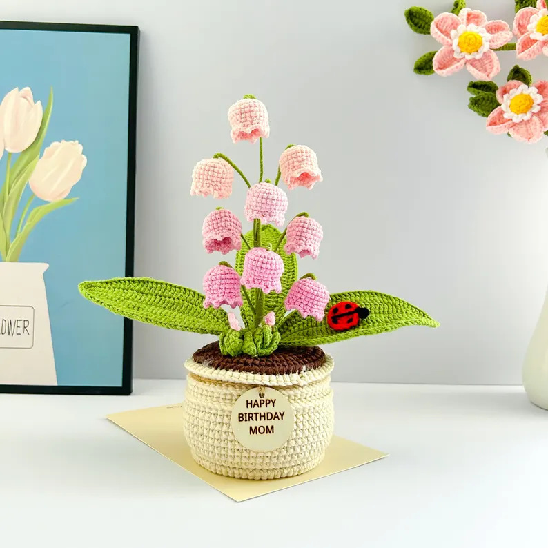 V888-ELOSUNG28175-202504281612-00 Pink Handmade Crochet Lily of the Valley Potted Plant - Gradient Blue Flower Decor Gift - Image 1