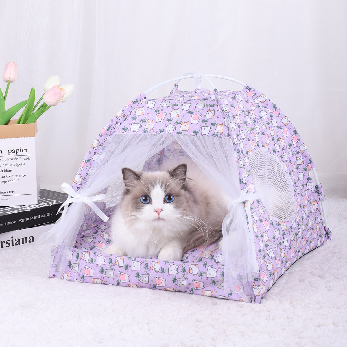 V888-ELOSUNG28229-202504301610-00 L 50*50CM 15 Catties Within The Pet Purple Cat Cooling Summer Pet Tent - Portable Foldable Breathable Outdoor Cat House Shelter - Image 1