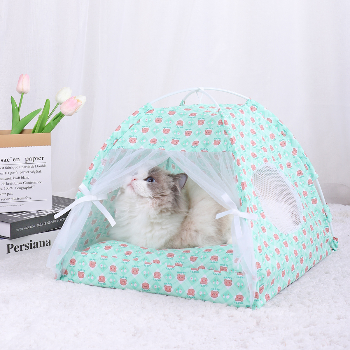 V888-ELOSUNG28237-202504301618-00 M 40*40CM 10 Catties Within The Pet Green Bear Cooling Summer Pet Tent - Portable Foldable Breathable Outdoor Cat House Shelter - Image 1