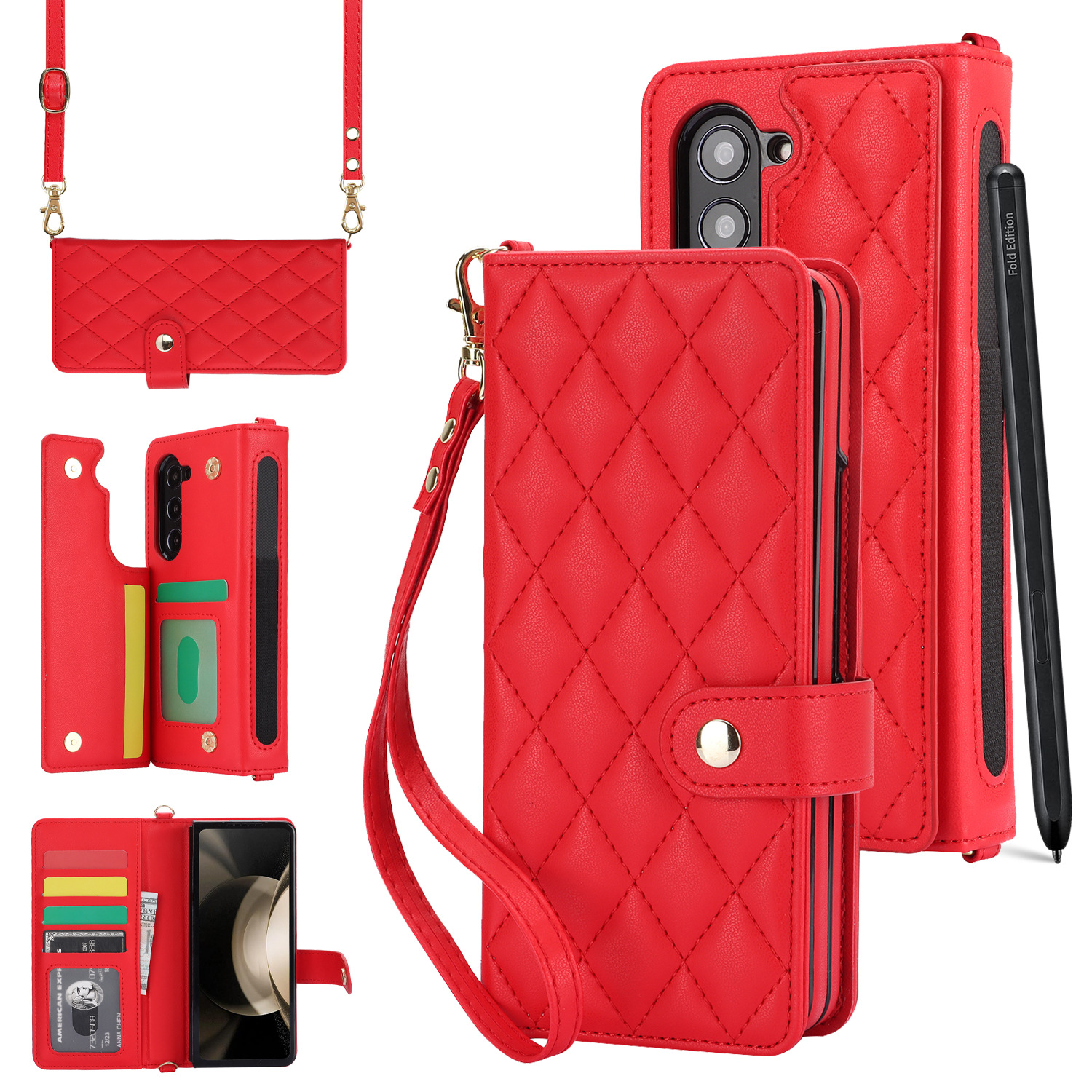 V888-ELOSUNG28284-202505071446-00 Galaxy Z Fold6 Multi-Functional Leather Wallet Case for Samsung Z Fold Series - Crossbody with Pen Slot, Quilted Design Pen Not Included - Image 1
