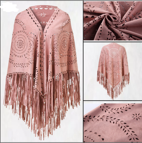 V888-ELOSUNG28372-202505132015-00 Pink Suede Wheat Tassel Triangle Scarf - Autumn Warm Shawl for Women, Hollow-Out Fringe Design - Image 1
