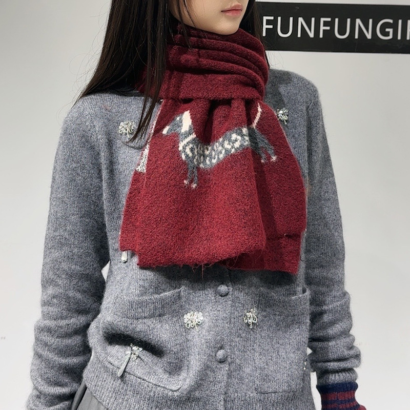V888-ELOSUNG28391-202505131710-00 Red Cute Korean-Style Wool Scarf with Dog Design - Unisex Knitted Winter Neck Wrap - Image 1