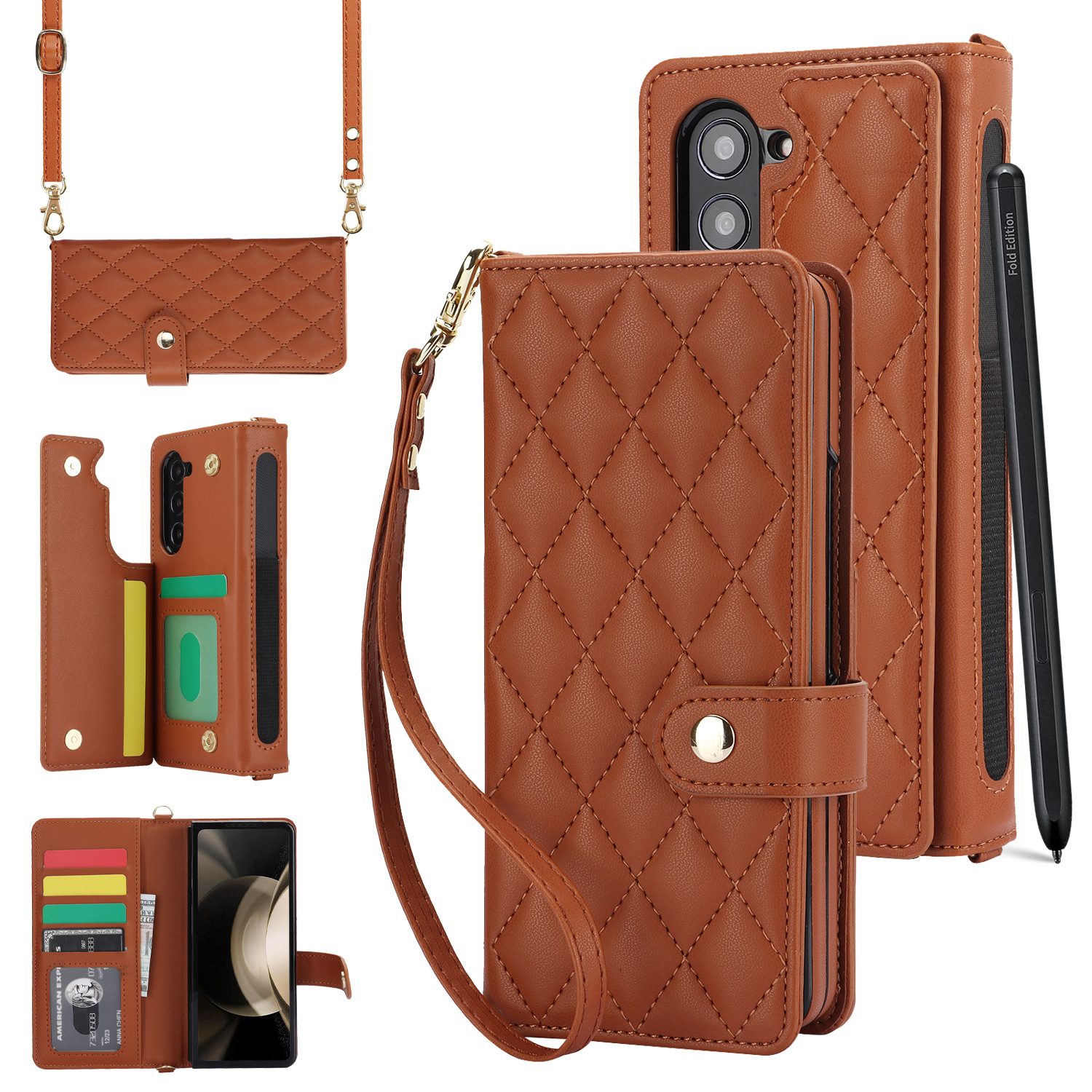 V888-ELOSUNG28437-202505131812-00 Brown Galaxy Z Fold6 Multi-Functional Leather Wallet Case for Samsung Z Fold Series - Crossbody with Pen Slot, Quilted Design Pen Not Included - Image 1